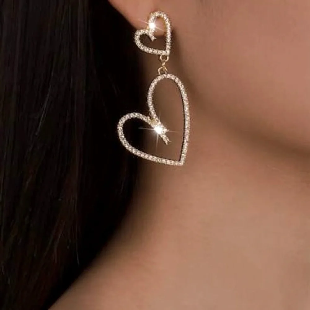 Double Heart Rhinestone Drop Earrings Sparkle Bling Fashion Earrings - Picture 3 of 3